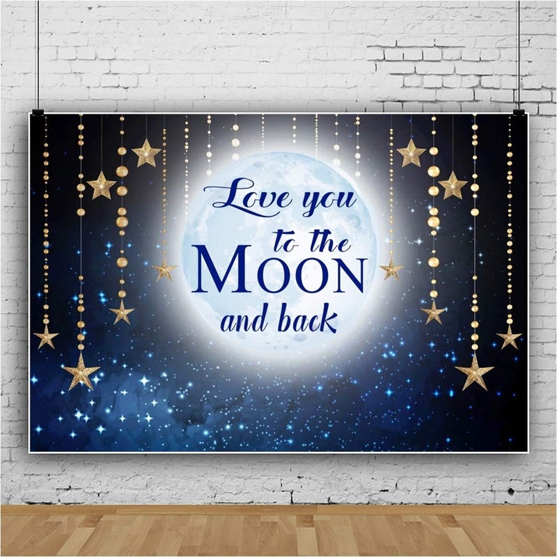 DORCEV 5x3ft Love You to The Moon and Back Photography Backdrop Blue Night Sky Hanging Golden Stars Background for Kid's Birthday Baby Shower Party Photo Video Studio Props - Image 2